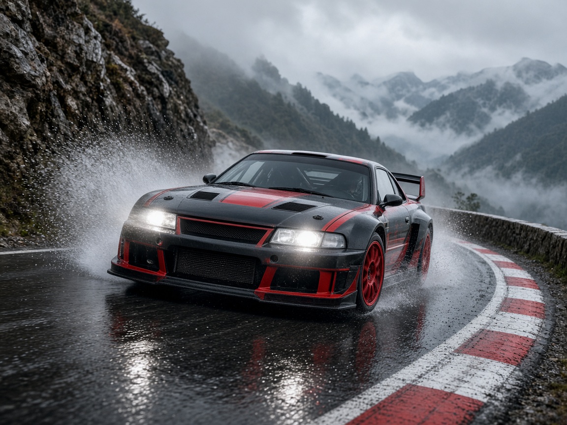 Auto de rally tomando una curva cerrada sobre asfalto