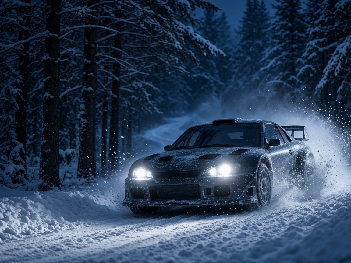 Auto de rally atravesando un tramo cubierto de nieve